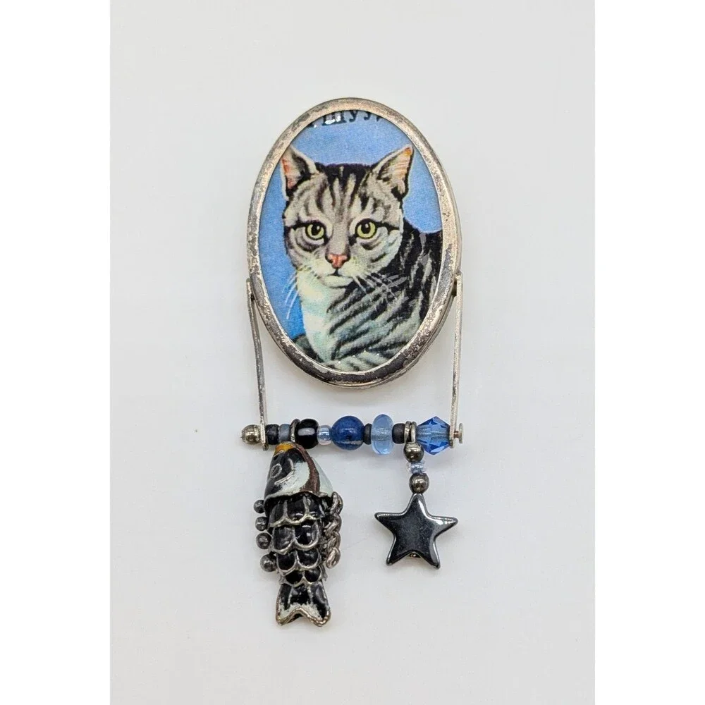 Gray Tabby Cat Brooch Pin Dangling Fish Star Charms Artisan